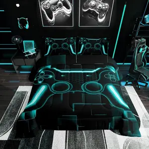 Comforter Set for Boys,Gamer Bedding Set for Boys,Gaming Comforter,Teal Black Teens Gamer Room Decor Game Geometric Duvet Insert Quilt