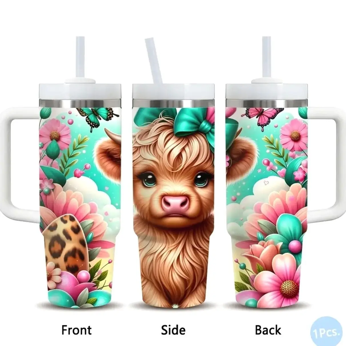 Spring Baby Highland Cow Vacuum Flasks 40oz Stainless Steel Vacuum Insulated Tumbler with Handle & Straw | Leakproof Insulated Tumbler Long-Lasting Cold & Heat Retention, Leak-Resistant | For Iced Coffee, Water, Office, Gym & Travel Insulated Water Cup