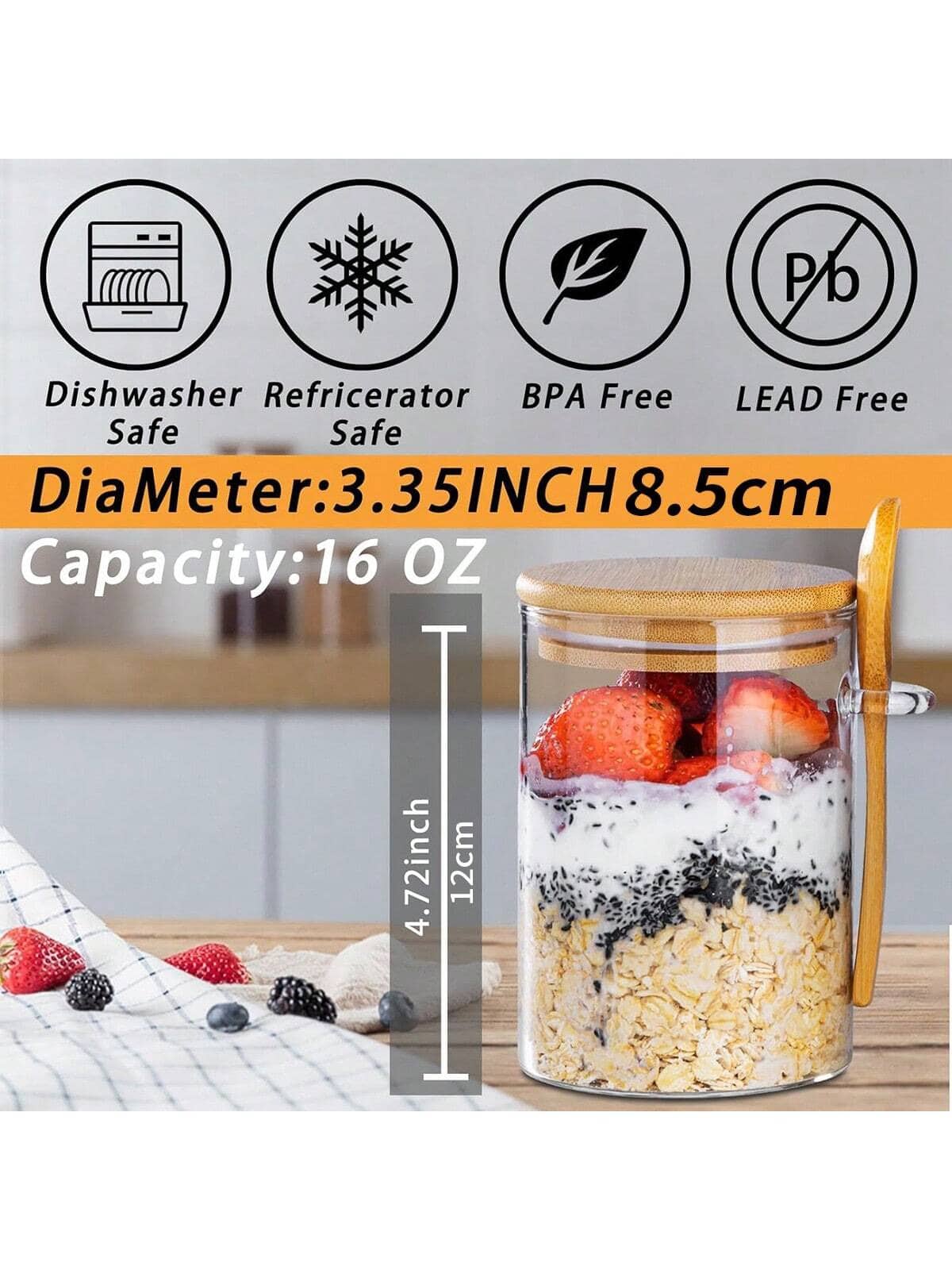 TUMATICLY 8PCS Glass Food Storage Containers (4 Cups   4 Lids), With Lids And Spoons, Overnight Oats Jar With Lid And Spoon Chia Pudding Salad Glass Jar With Lid And Spoon, Bamboo Lid Oatmeal Coffee Flour Bread Starter Storage Container With Lid