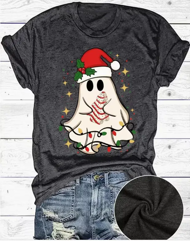 Women's Christmas-Themed Printed Cotton T-Shirt, European-American Fashion Casual Wear, Loose-Fit Round Neck Clothes