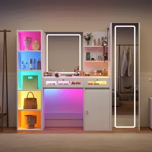 CollaredEagle Full Length Mirror Vanity Desk Makeup Organizer with RGB Drawers Transparent Top Charging Storage Shelf Bedroom Beauty Furniture Organizer 10 Shelves White Cosmetic Station Vanity Table with Storage Makeup Vanity Desk with Mirror