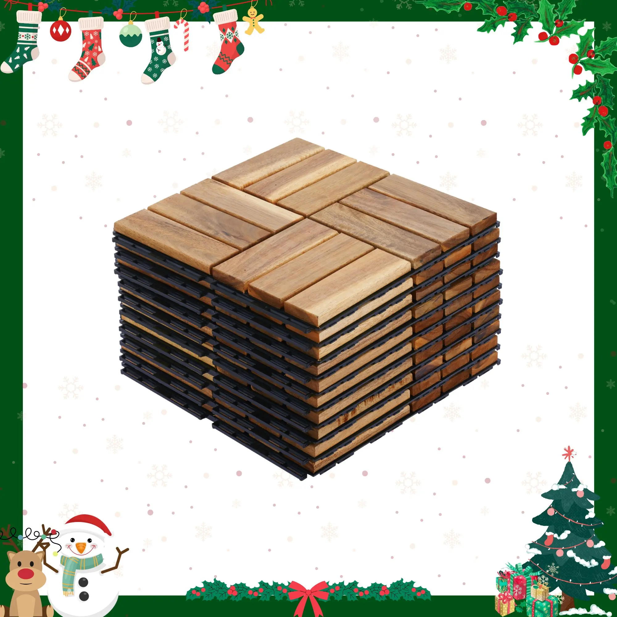 10 PCS Interlocking Checker Pattern Acacia Wood Deck Tiles, 12"x12" Square Yellow 0.75in Outdoor Flooring with Rubber Hammer, Anti-Mildew DIY Drainage Aid for Patio, Porch, Swimming Pool Home Improvement