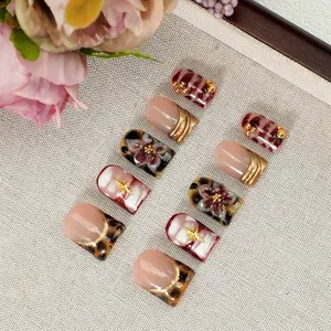 10Pcs Pure Handmade French Press On Nails, 3D Tortoise & Wine Red Acrylic Fake Nails with Gold Star Charms, Sparkly Reusable False Nail Tips with Nail Kit, Quick Dry Waterproof, Y2K Sweet Cool Style, Durable & Nail-Safe, Perfect for Daily & Parties