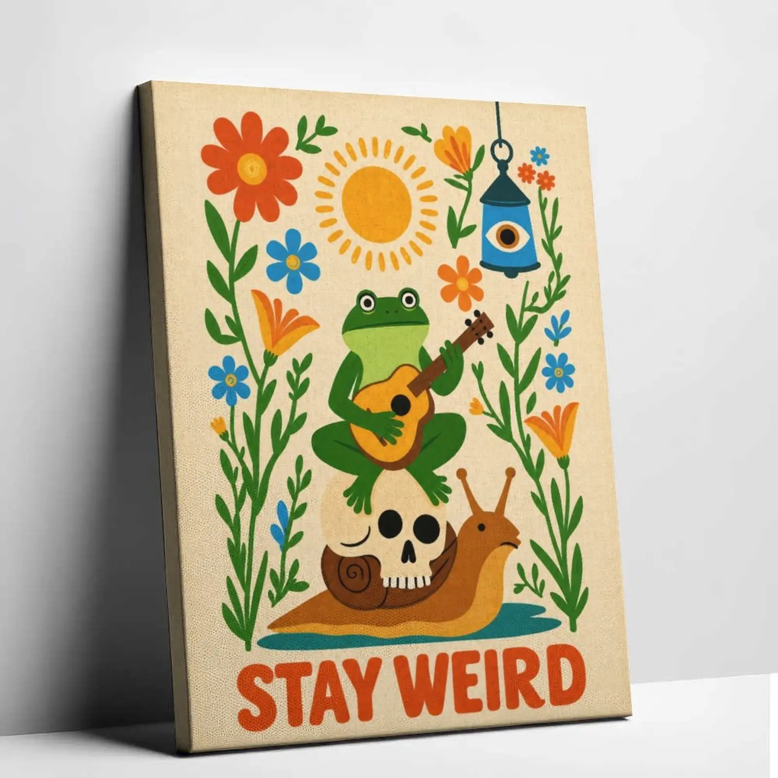 Weird Frog Guitar-Playing Unframed Lightweight Poster Print, Whimsical Cottagecore-Goblincore Garden Wall Artwork, Retro Boho Floral Home Decor, Unique Gift for Weird Art Enthusiasts (Bedroom, Living Room)