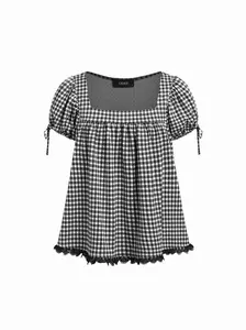 Cider Square Neck Puff Sleeve Plaid Drawstring Blouse