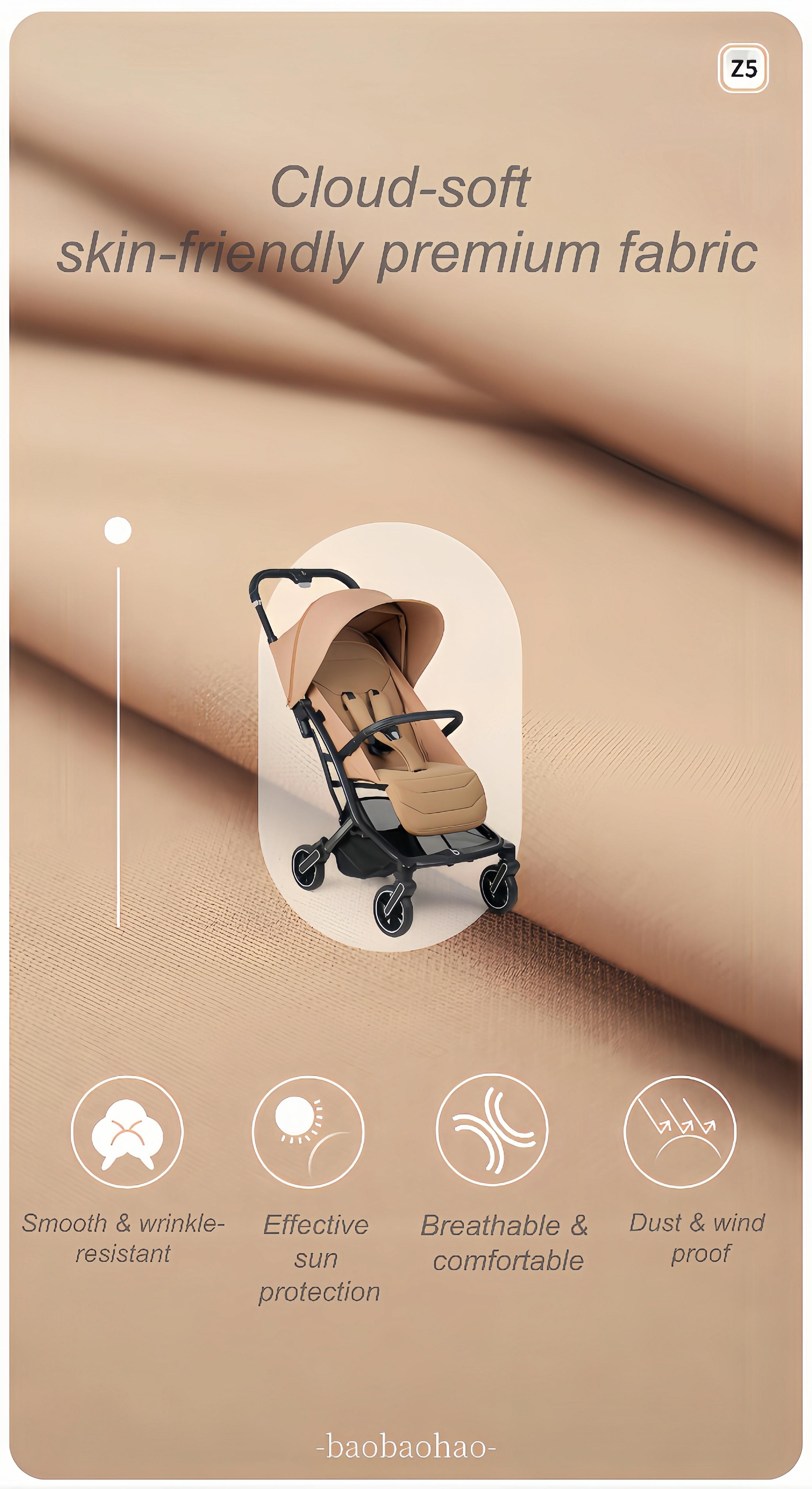 Baobaohao Z5 – Lightweight baby stroller with four shock-absorbing wheels, one-button folding, breathable mesh fabric canopy, suitable for air travel for newborns