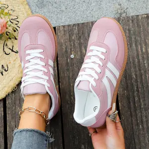 Walking Women's Lace-Up Low-Top Sneakers with White Stripes & Brown Sole Everyday Casual Comfortable Training Shoes for Daily Wear