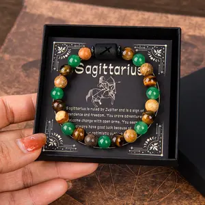 Arpurraina 12 Zodiac Natural Stone Bracelet Gift Box Set, Green Aventurine Tiger Eye Beaded Bracelet for Men Women, Zodiac Sign Guardian Charm with Constellation Card, Birthstone Jewelry Gift