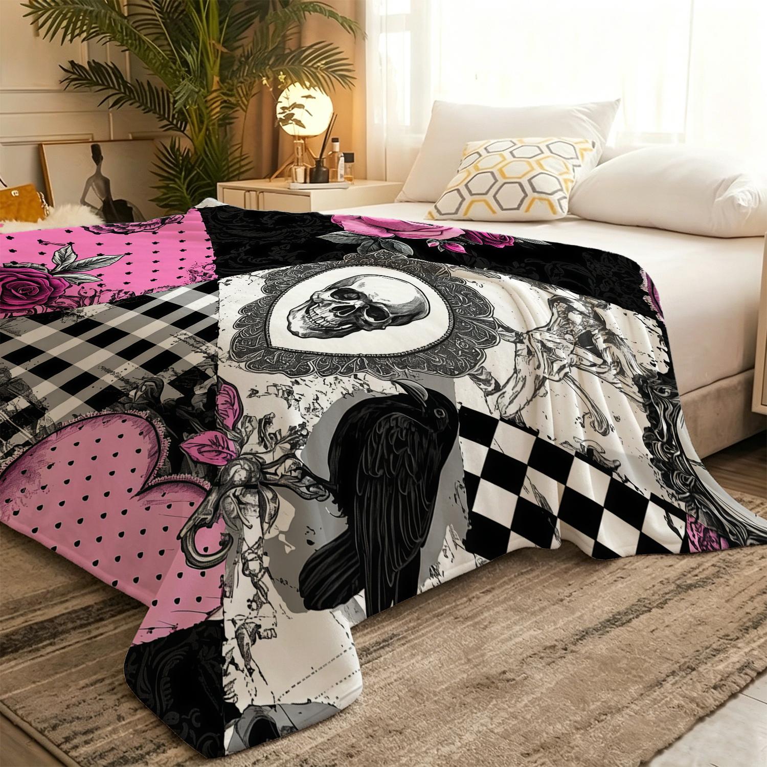 Pink Black Gothic Patchwork Print Flannel Throw Blanket - Harlequin, Gingham, Polka Dot Grids, Soft Fleece, Vintage Punk Skull Art, Raven, Hot Pink Roses, Cozy Lounging, Home House Room Decor, Ideal Gift for Alt Pastel Goth Lovers