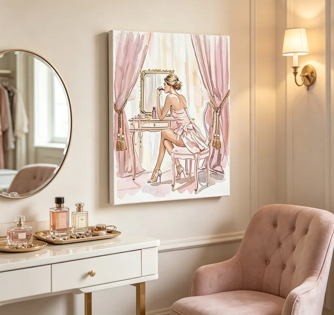 Artistic Wood Framed Canvas Poster - Frame-Style Aesthetic Girly Painting, Elegant Home Decor for Women’s Dressing Table, Beauty Salon