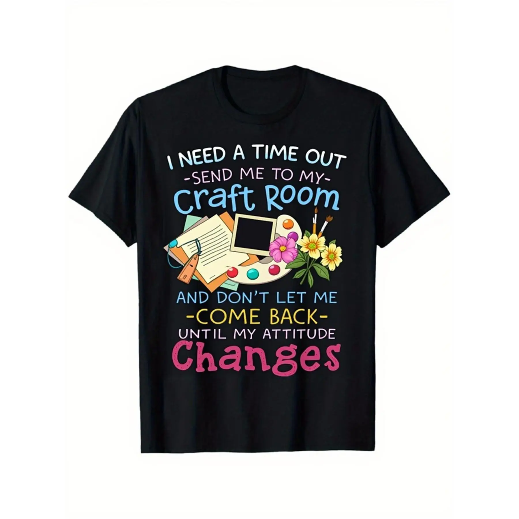 Craft-Themed T-Shirt with Notebooks, Palettes & Floral - Round Neck Casual Suitable for Crafters, Artists, Hobbyists, Machine Washable - Blouse Fashion for Outfits