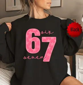 Funny 67 Number Graphic Sweatshirt – Pink Pullover with Bold “67” Design, Hearts & Stars, Soft Stretch Knit Crewneck, Cute Casual Everyday Top
