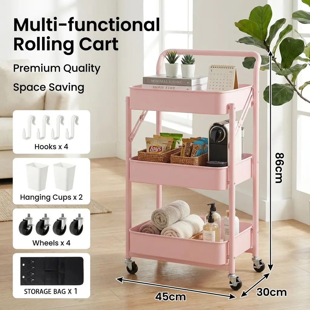 Elife 3-Tier Foldable Rolling Storage Cart with Wheels, No Assembly Required Utility Organizer, Space-Saving Storage Rack for Kitchen, Bathroom, Laundry Room, Bedroom & Office, Includes Side Hanging Bag, 4 Hooks & 2 Storage Bins