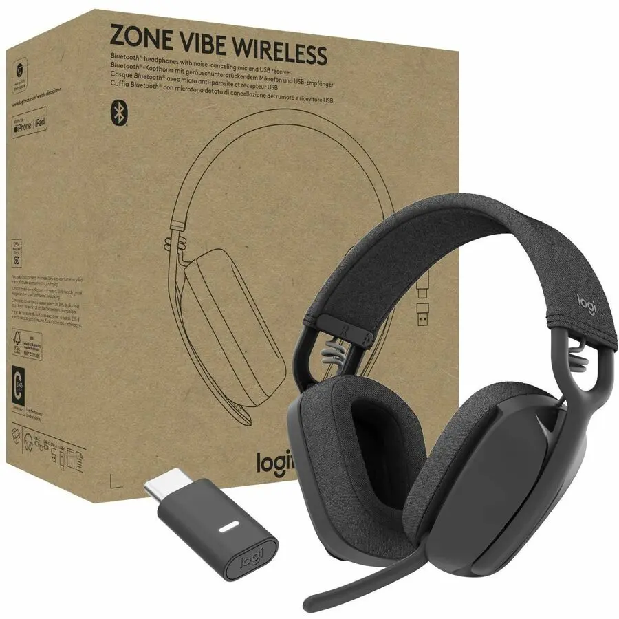 Logitech Zone Vibe Wireless Over-Ear Audio Headset, Binaural Over-The-Head Design, Graphite Color, Model 981-001198