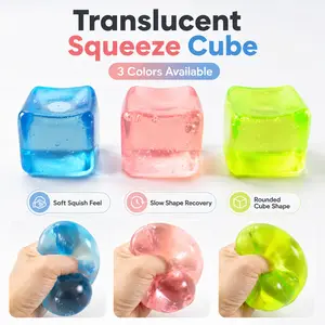 Translucent Gel-Like Squeeze Toy, Soft Flexible Handheld Tactile Fidget Toy, Rounded Cube Shape, 5 cm, Single or 3-Pack, Blue Pink Green