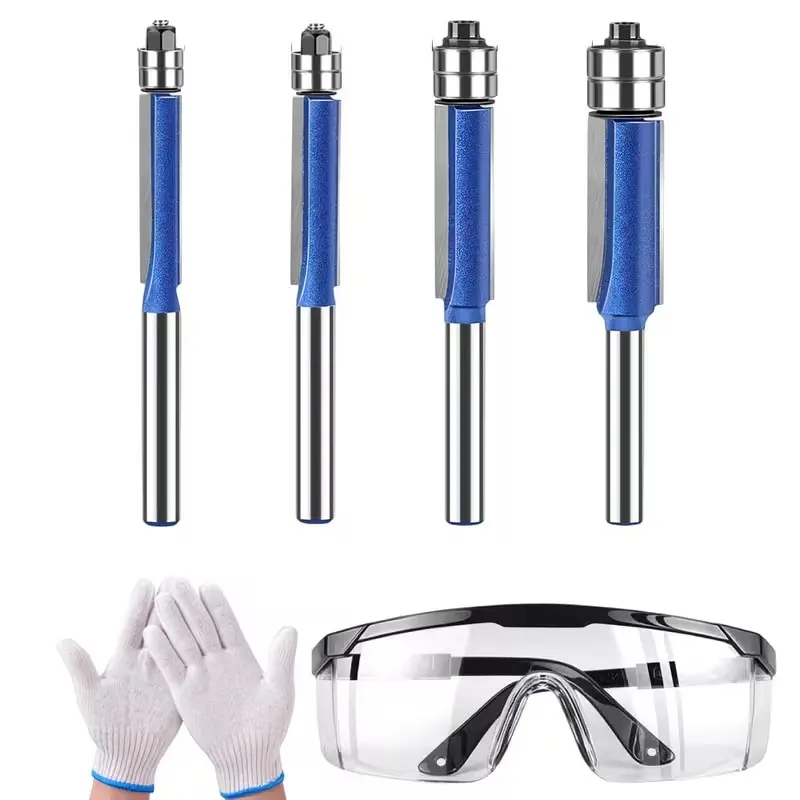 [6PCS] Multi-Size Carbide Tip Flush Trim Router Bits Set, 1/4 Inches Shank, Edge Trimming Tool with 1 Goggles & 1 Gloves