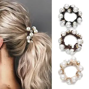 3-Pack Pearl Hair Scrunchies – Black Elastic Ponytail Holders with Crystal & Pearl Accents, Elegant Hair Accessories for Women & Girls