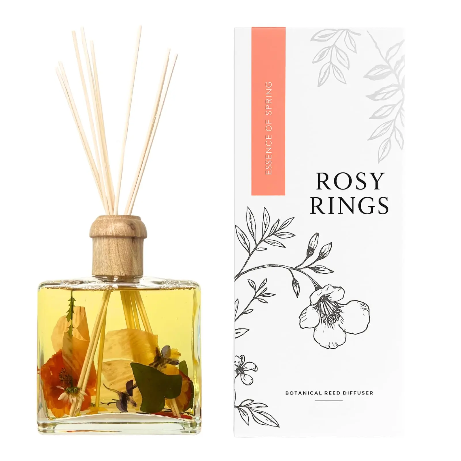 Rosy Rings Essence of Spring Botanical Reed Diffuser 13oz – Lasts 6-12 Months Floral Aromatherapy Notes of Hyacinth, Honeysuckle, Rose Home Fragrance Summer Decor Housewarming Wedding Gifts