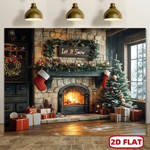 1pc 2D Flat Elegant Fireplace Backdrop with Mantel - Realistic Fireplace Scene with Fireplace, Garland, Stockings - Dark Brown/Black/Gray/Beige/White/ Golden/ - for Christmas Party Decorations,