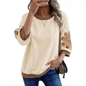 Oversized 3/4 Sleeve Sweatshirt Floral Patch Crewneck Pullover Casual Tops