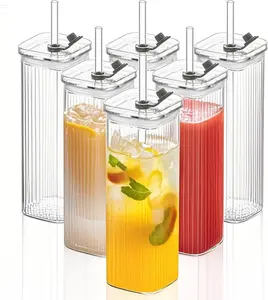6-Piece Square Glass Cups with Lids & Straws, Portable Clear Drinking Glasses (400ml/14oz), Heat-Resistant Transparent Cups for Milk, Tea, Juice & Coffee, Ideal for Home & Bar Use