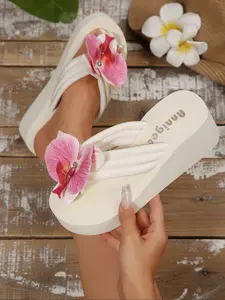 Women's Fashionable Floral Decorated Slides, Flower Decorated Slides, Casual Comfortable Breathable Flip Flops for Beach, Non-slip Slippers for Indoor & Outdoor Wear, Walking Shoes