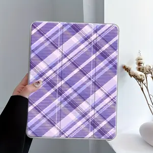 Classic Purple Checkered Design iPad Case Transparent Acrylic Hard Back Panel With Pencil Slot，Suitable for Ipad mini pro air. Scratch-resistant Ultra-thin Protective Case, Shock-resistant Full Cover Protective Case Suitable for Offices Schools Homes