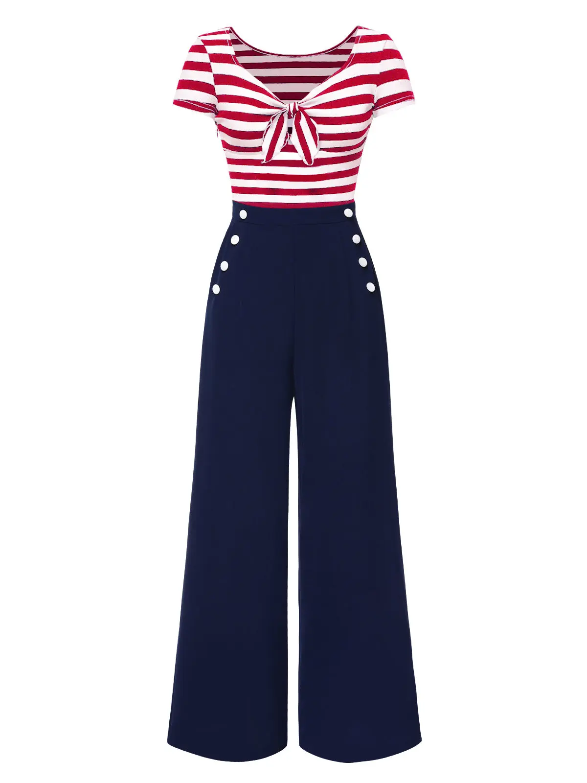 RETRO STAGE Women's 1950s Fitted Short-Sleeve Blue Hollow Bow Striped Patchwork Ankle-Length Jumpsuit - Formal Elegant Summer Lounge Overalls,Shortsleeve,summeroutfits,vacationoutfits,bathingsuitwomenset,beachoutfits Chic Romper Womenswear