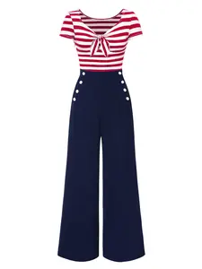 RETRO STAGE Women's 1950s Fitted Short-Sleeve Blue Hollow Bow Striped Patchwork Ankle-Length Jumpsuit - Formal Elegant Summer Lounge Overalls, Women's Suits & Sets, Shortsleeve
