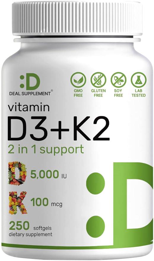 Deal Supplement Vitamin D3 & K2 250 Veggie Softgels 5000 IU D3 & 100 mcg K2 for Bone Immune Health & Calcium Absorption Gluten-Free Dairy-Free - Nutrient Rich Complex