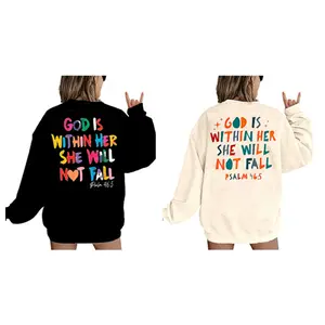 DUTUT Sweatshirt Women Pullover God Is Within Her Jesus Aesthetic Design Oversized Blouse Longsleeves Cotton Blend Casual Top
