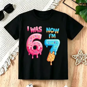 Kids' Cotton Short-Sleeve Crew Neck T-Shirt, 6-7 Age Transition, Cute Cartoon Print, Casual Slight Stretch Black Summer Top, Perfect Gift for Boys/Girls, KD10269456