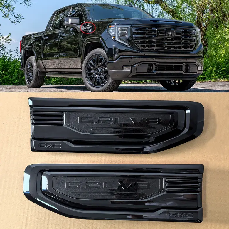 3D Raised Fender Vent Emblem Pair Set for 2019-2026 GMC Sierra 1500 6.2L V8, 12.25"×3.75", Direct Fit, Vehicle-Specific Fit, Precision-Engineered, OEM-Grade ABS Gloss Black, Easy Install, No Special Tools Required, Red Left & Right Replacement Badges