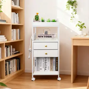 BZUEPRS 3 Tier Rolling Cart with 2 Removable Drawers, Metal Utility Cart Organizer with Wooden Tabletop, USB Charging Ports, Storage Bag, Lockable Wheels for Kitchen Bathroom Living Room, White