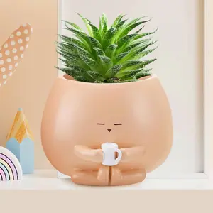 Cute Plant Pots, 6x4.5 Inch Large Succulent Flower Pots with Drainage Hole, Unique Smooth Resin Face Planter for Indoor Cactus String of Pearl Plants Home Decor, Gift for Women