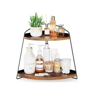Brown Wood 2-Tier Triangle Corner Countertop Storage Shelves - Easy Installation Bathroom Sink Organizer with Metal Hardware