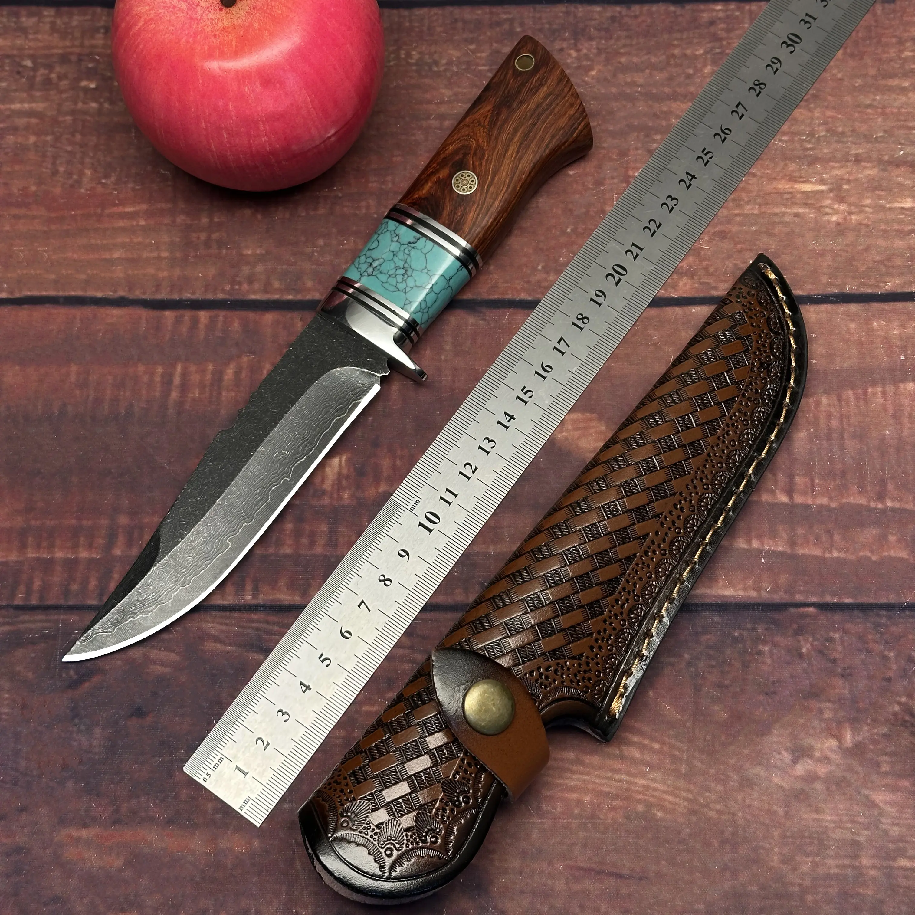Camping Knife with Stylish Ergonomic Handle, Woven-Pattern Portable Protective Sheath, Multi-Purpose for Outdoor Hiking, Fishing, Woven-Pattern Protective Sheath