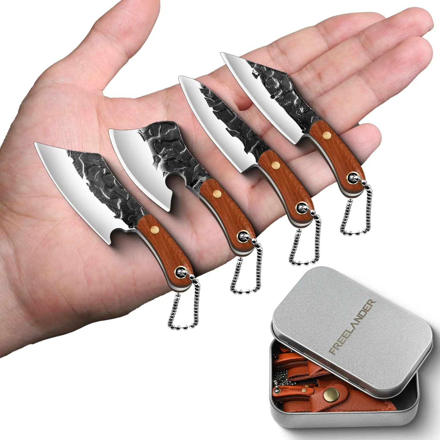 FREELANDER 4-Piece Mini Knife Keychain Set with Leather Sheaths, Ideal Gift for Close Friends