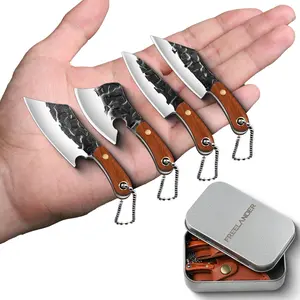 FREELANDER 4-Piece Mini Knife Keychain Set with Leather Sheaths, Ideal Gift for Close Friends