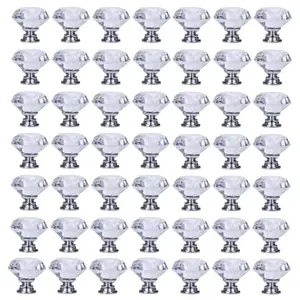 50 Piece Crystal Drawer Handles, Transparent Glass Cabinet Door Pulls, Silver Color Metal Knobs for Kitchen Bathroom Cabinets, Door Hardware