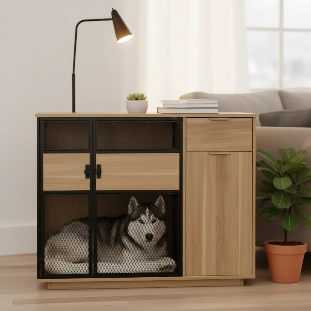 Lucky Kennels Clover Console Crate - Stylish Dog Crate with Metal Gate, 48" x 21" x 33", Wooden Base Design, Enhanced Airflow & Visibility