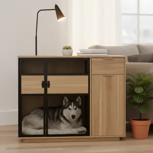 Lucky Kennels Clover Console Crate - Stylish Dog Crate with Metal Gate, 48" x 21" x 33", Wooden Base Design, Enhanced Airflow & Visibility