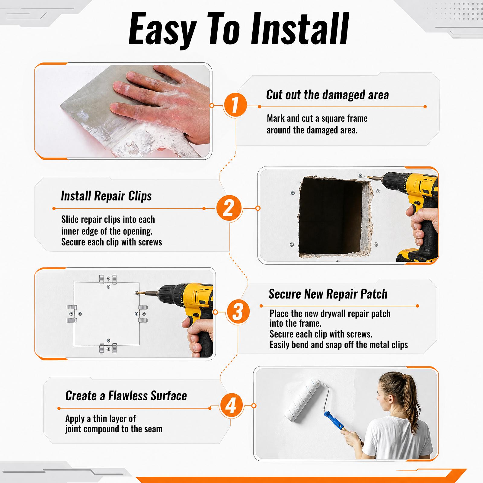 GJANSH Easy-to-Install 1/2-Inch Drywall Clips,Drywall Repair Tools, Professional Wall Hole Repair Kit and Drywall, Sturdy Metal-Backed Clips with Screws for Home Renovation, detail 2