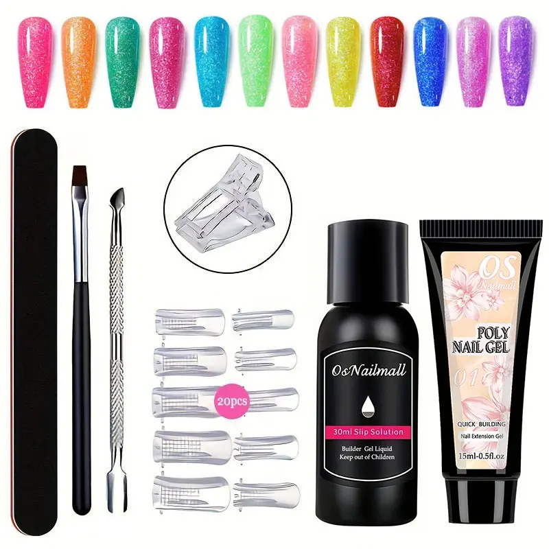 Osnailmall 7pcs/set Poly Nail Extension Gel Kit, Gel Nail Kit For Beginners With Everything, Beginner Manicure Kit, Nail Art Fine Glitter Long-Lasting Gel, Polygel Nails, Ideal for Beginners & Valentine's Day Gift