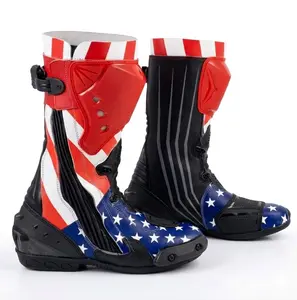 Track Racing Boots – CE Certified Protective Armor Motorcycle Riding Shoes with Stars & Stripes Graphics