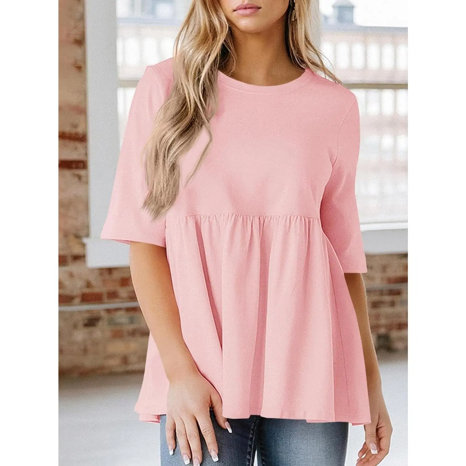 Babydoll Tunic Tops for Women, Plus Size Half Sleeve Cotton Blend Peplum Blouse, Casual Oversize Cut Crew Neck Top, Casual Fit Maternity, Plus Size Fashion, Maternity Clothing, Short Sleeves, Dressy Casual
