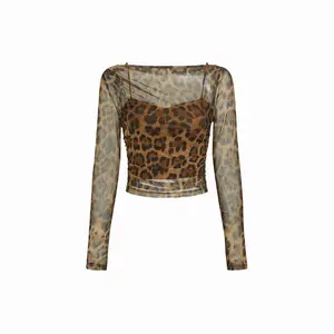 Cider Mesh Leopard Boat Neck Long Sleeve See-through Top With Cami Top