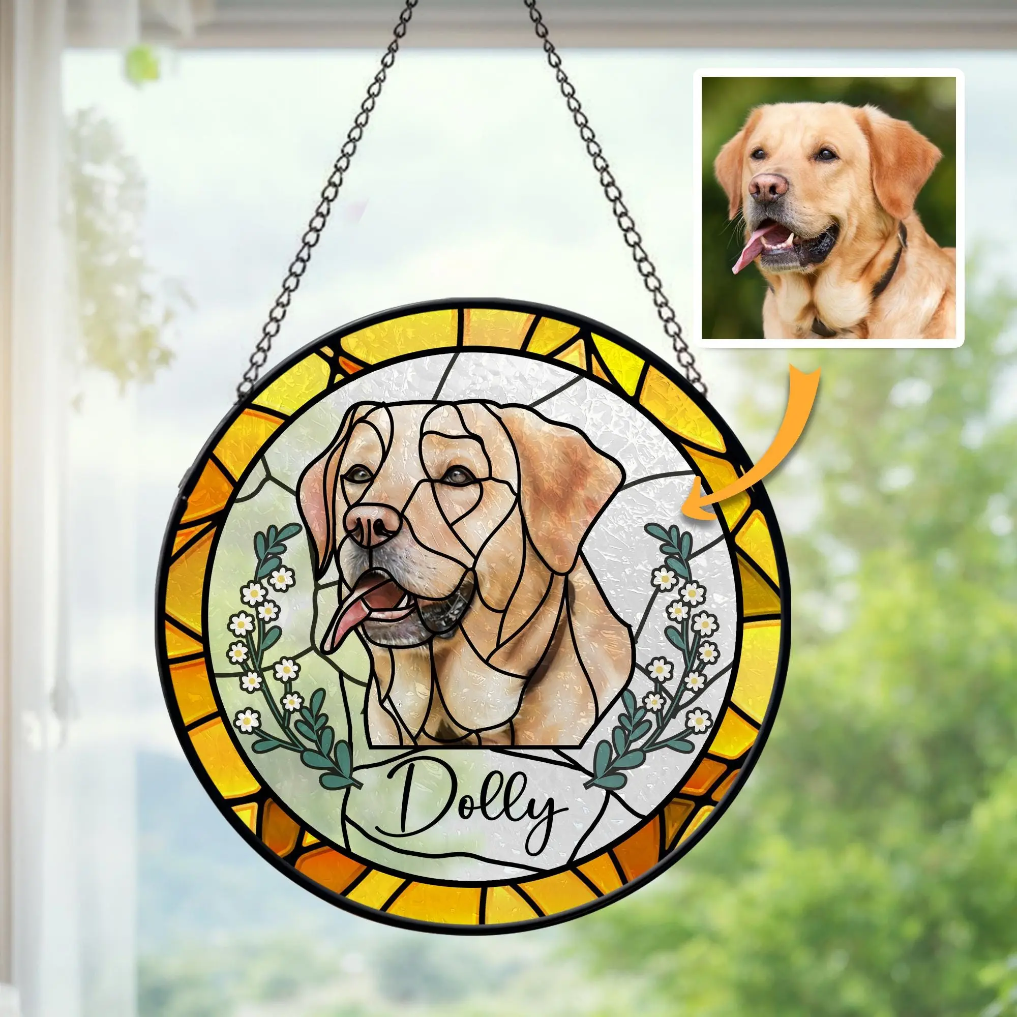 Custom Dog Portrait Stained Glass Suncatcher, Pet Memorial Stained Glass Photo Suncatcher, Dog Memorial Gift, Sympathy Gifts, Pet Loss Gift