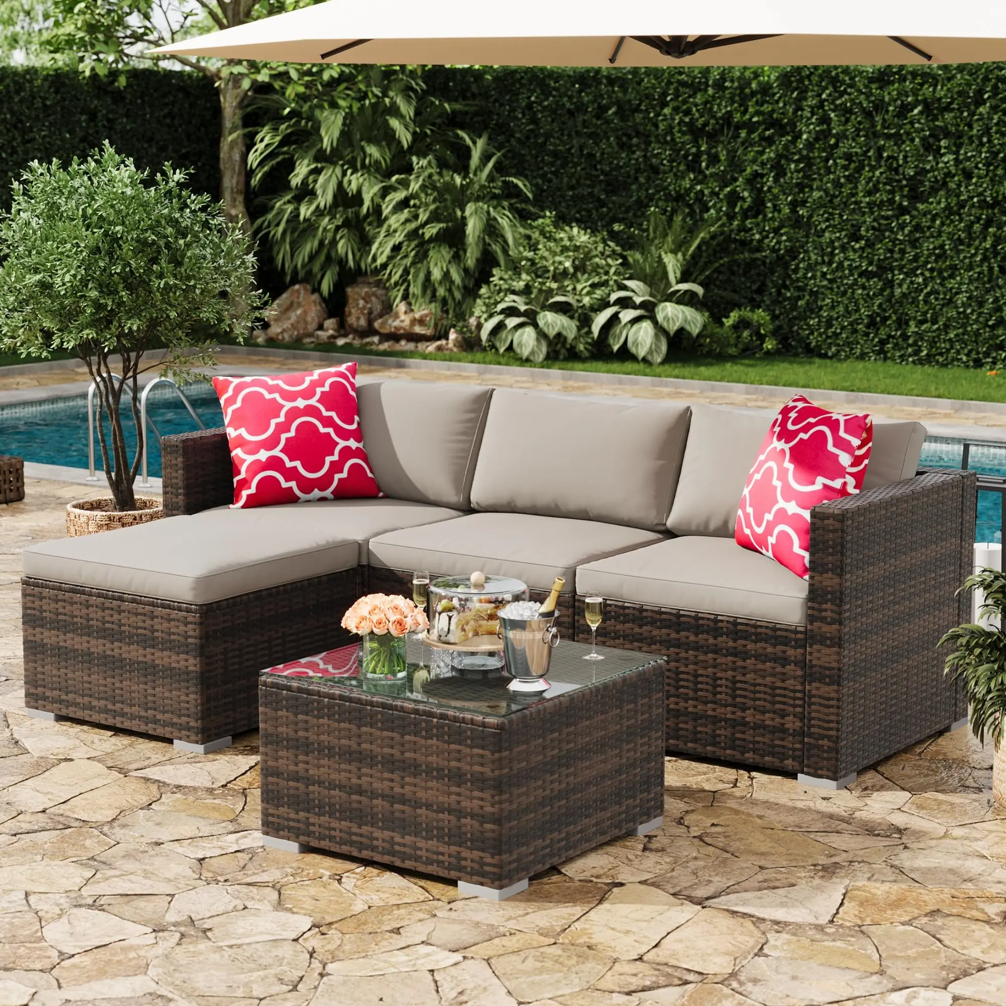 Garvee Patio Furniture Set 5 Pieces, Outdoor Patio Furniture Set with Rattan Wicker Chairs, Glass Table and Cushions for Porch, Balcony, Backyard, Garden, Poolside, Brown & Grey