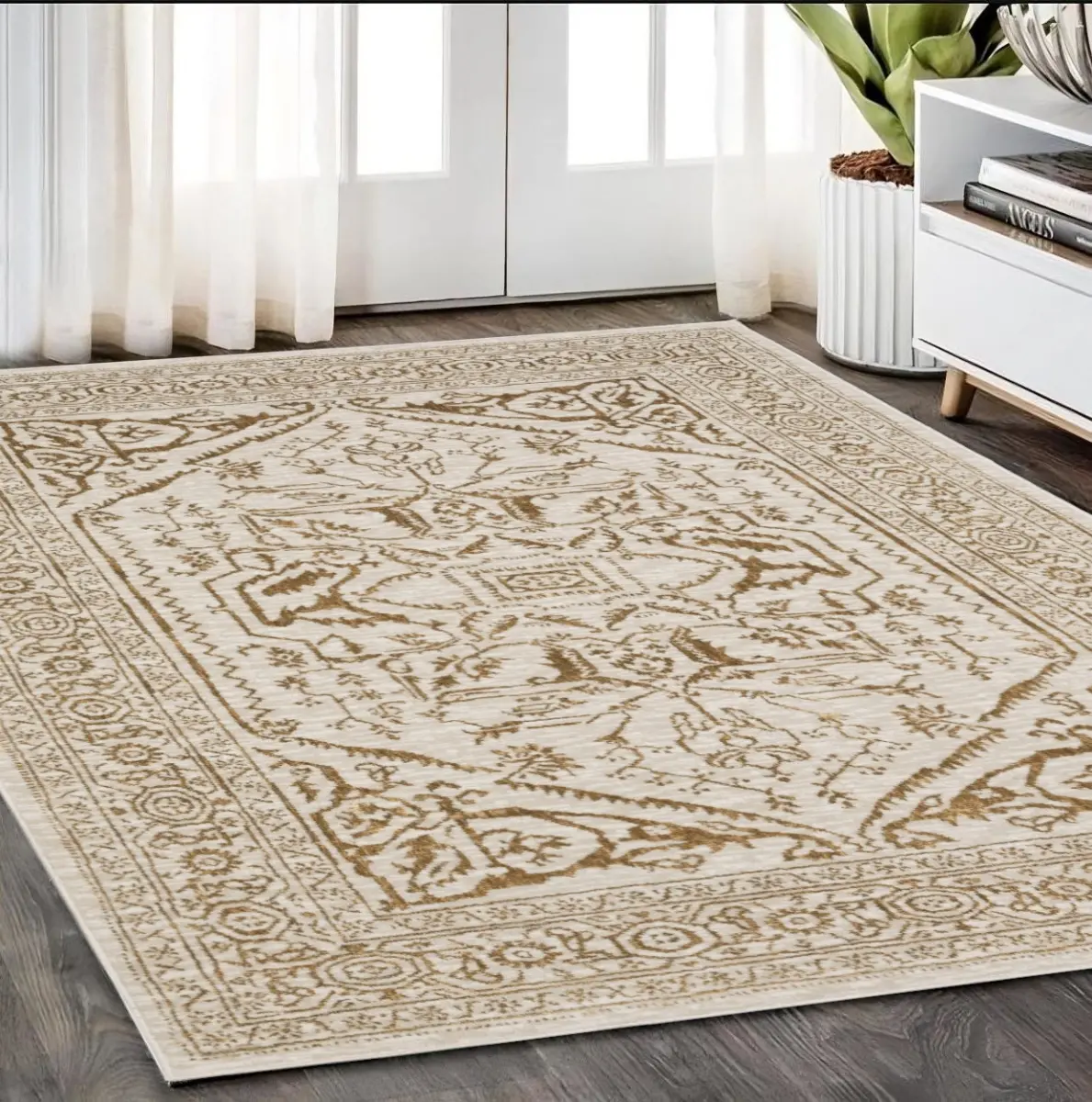 HomeRoots Power-Loomed Polyester Ornate Traditional Oriental Indoor Area Rug, 5'x8' Rectangle, Neutral Ivory & Gold, Stain-Resistant, Fade-Resistant, Living Room & Bedroom Statement Decor Rug